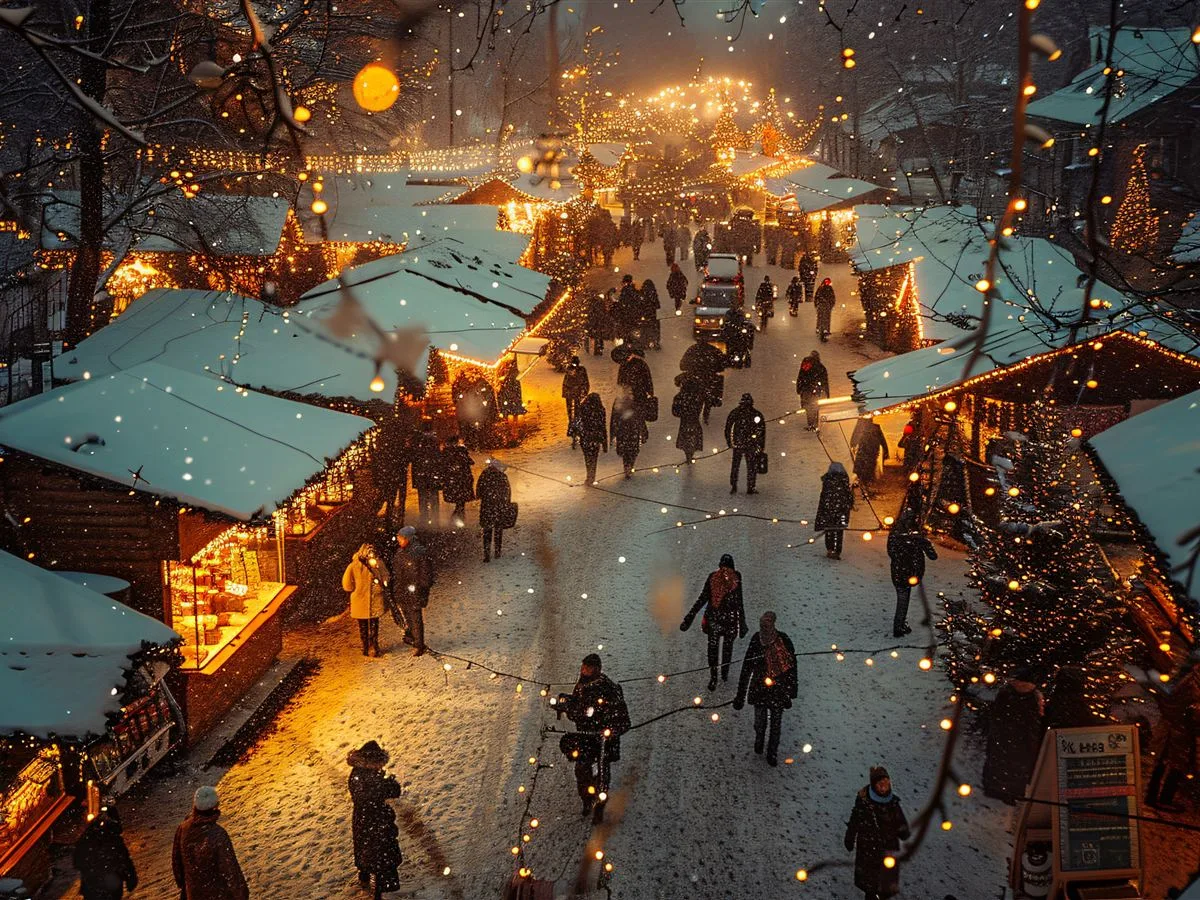 A snowy Christmas market at night, lit stalls lining a crowded path